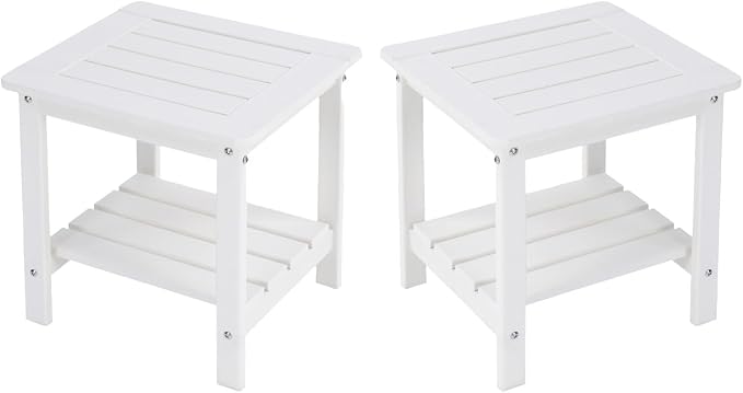 Kibaso-Adirondack Outdoor Side Table, 2-Tier HDPE Outdoor End Table, Weather Resistant Easy Maintenance, Small Patio Side Table for Patio, Pool, Porch, Garden, Lawn, and Living Room (2, White)