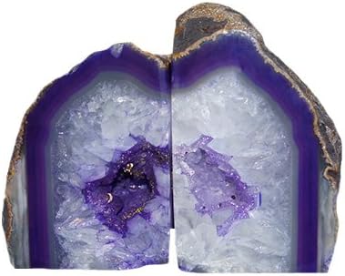 JIC Gem Book Ends for Shelves Dyed Purple Agate Bookends Natural Geode Brazilian Rock Stone Book Ends Decorative with Rubber Bumpers Small Size(1 Pair, 2-3 LBS)