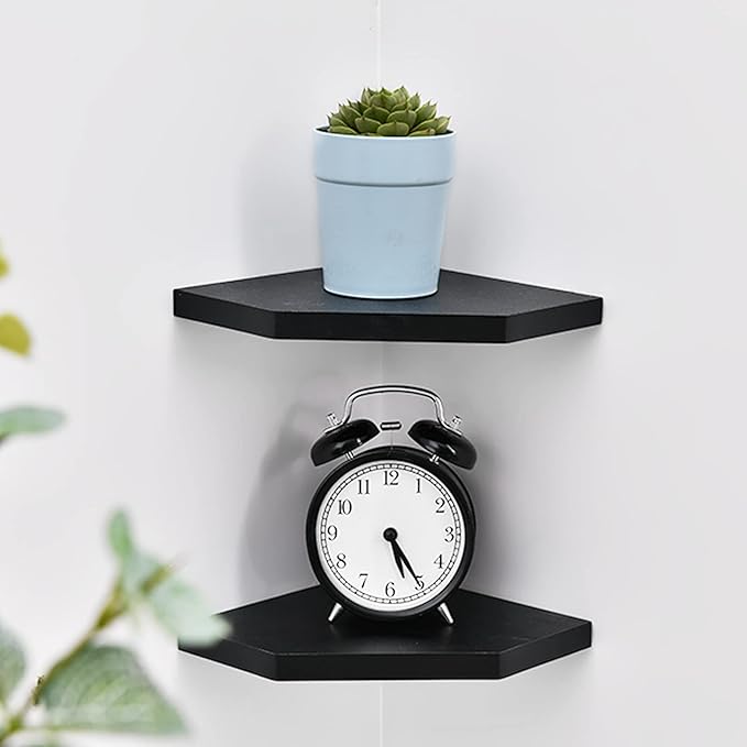 WELLAND 7-Inch Black Floating Corner Shelves Set of 2, Wall Mounted Storage