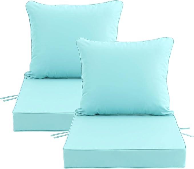 22x22 Inch Patio Chair Cushions Set of 4, Outdoor Furniture Cushions - Removable Cover, Water-Repellent, Fade-Resistant, Non-Slip Bottom & Straps, Replacement for Lawn, Porch & Deck Chair - Light Blue