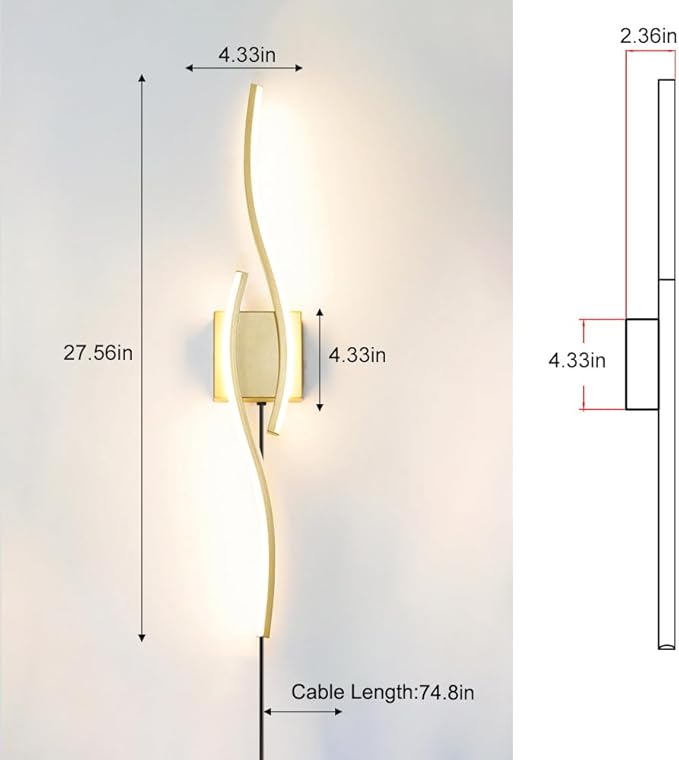 Daunton Modern Gold Plug in Wall Sconce Set of 2, Indoor Dimmable Light Fixture