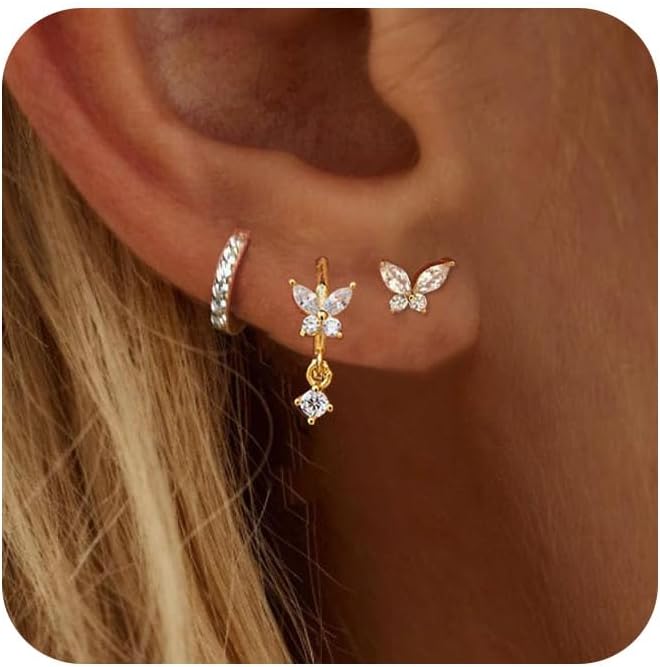 Gold Plated Earrings for Women, 14k Gold Plated Earring Stack Hypoallergenic Pearl Drop Earring Dainty Earrings for Women Trendy Cute Small Huggie Hoop Earring Fashion Womens Jewelry