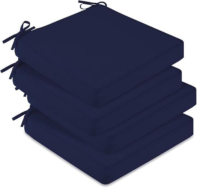 downluxe Outdoor Chair Cushions Set of 4, Waterproof 19" x 19" x 3" Patio Chair Cushion with Non-Slip Ties & Handle, Square Outdoor Cushion for Patio Furniture with Removable Cover, Navy