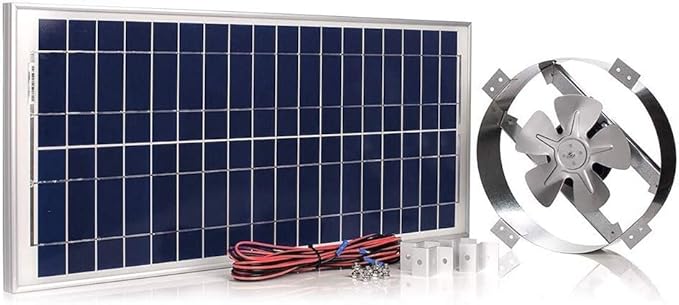 Amtrak Solar 12-Inch 50W Solar Attic Fan with Thermostat, Made in USA â Quiet Gable Vent Fan for Attic, Garage, Shed, Greenhouse â Plug and Play Cooling, Reduces Heat and Moisture