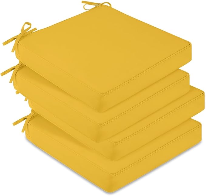 downluxe Waterproof Outdoor Chair Cushions Set of 4, 19" x 19" x 3" Patio Chair Cushion with Non-Slip Ties & Handle, Square Outdoor Cushion for Patio Furniture with Removable Cover, Yellow