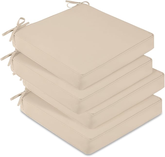 downluxe Waterproof Outdoor Chair Cushions Set of 4, 19" x 19" x 3" Patio Chair Cushion with Non-Slip Ties & Handle, Square Outdoor Cushion for Patio Furniture with Removable Cover, Beige