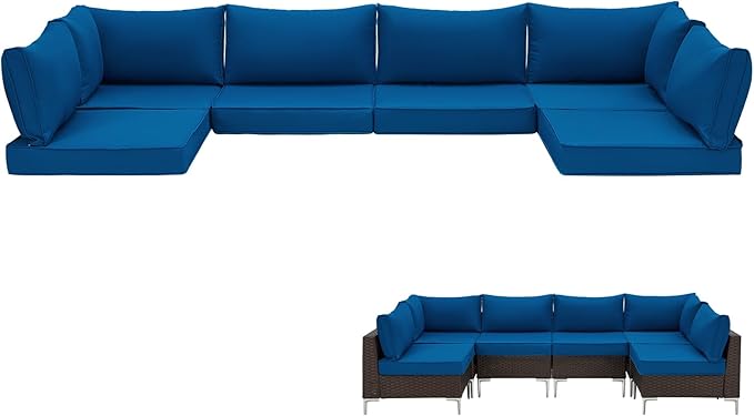 HOMREST Outdoor Replacement Cushions,Water-Resistant 4" Thick Seat Cushion for Patio Furniture,25x25 in Patio Furniture Cushions,Non-Slip 14-Piece Set for 6-Seat Rattan Wicker Sectional Sofa, Blue
