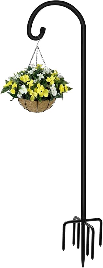 108 inch Outdoor Shepherd Hook with 7 Prong Base (1 Pack), Adjustable Heavy Duty Garden Hanging Stake for Bird Feeder Solar Light Plant Hanger Wedding Decor, Matte Black