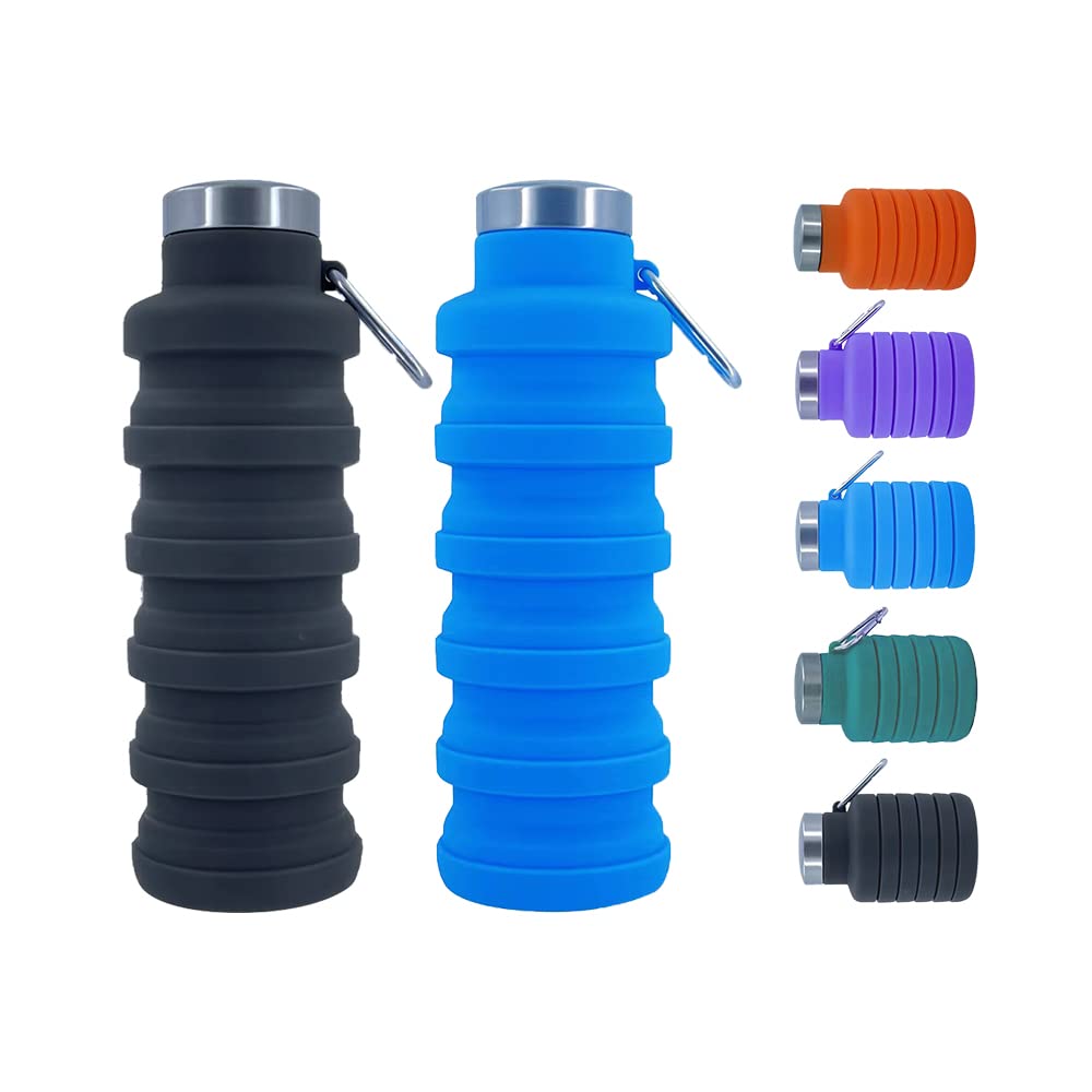 Ummigi Collapsible Water Bottlesï¼17oz Large capacity Silicone Water Bottle with Carabinerï¼Reusable Foldable Lightweight Sports Water Bottle for Travel Gym Camping Hiking (Blue + Purple)