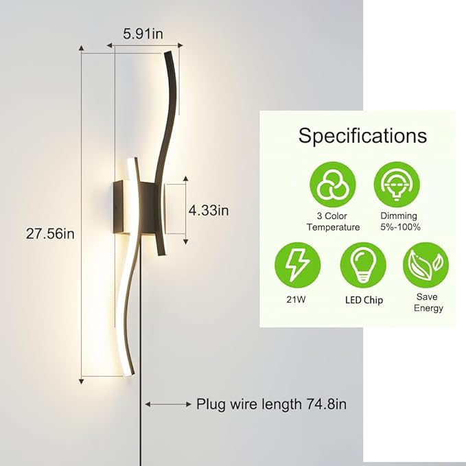 Daunton Modern Plug in Wall Sconce Set of 2, 3CCT Adjustable & Memory Function
