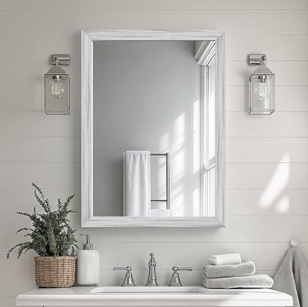 White Wood Effect Framed Wall Mirror, 20x30 Rectangle Mirror, Anti-desilvering