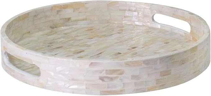 PEMAR 12.6â Mother of Pearl Round Serving Tray with Handles, Decorative Nacred Wooden Ottoman Coffee Table Tray (White Tiles)