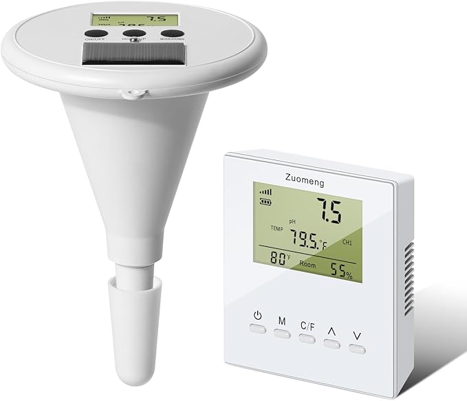 Wireless Pool Monitor, Solar Pool Water Tester with Dual Displays & High-Precision Electrode for Real-Time Detection of Water Temp pH EC TDS for All Swimming Pools, Spas, and Hot Tubs