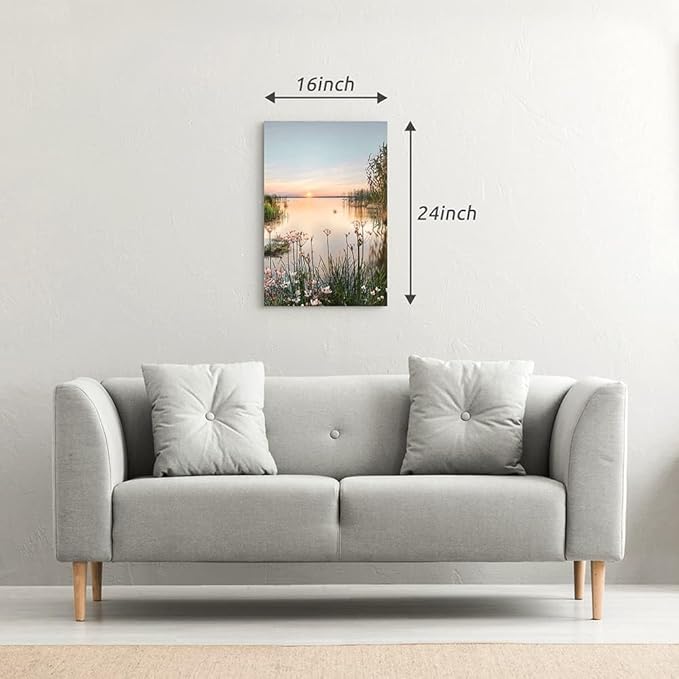 Lake Canvas Landscape Wall Art: Nature Picture Print Vertical Sunset Scene Painting Artwork for Bedroom Living Room Decor