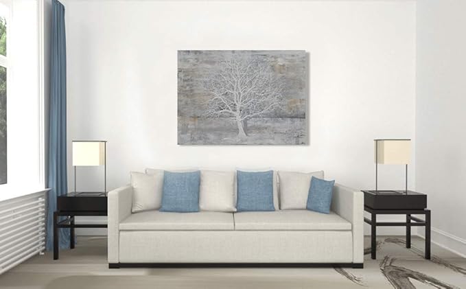 Yihui Arts Tree Of Life Canvas Wall Art Hand Painted Grey White Beige Paintings