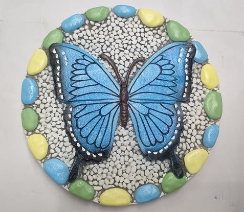 Decorative Butterfly Garden Stepping Stone - Round 10-Inch Concrete, Multi-Colored with Blue Design, Pebble Background for Outdoor Pathways Cynkeyee
