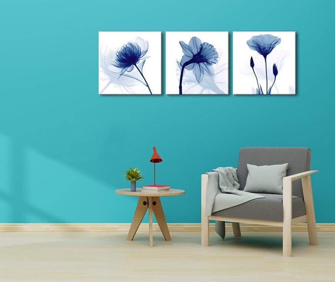 Wieco Art Blue Abstract Flowers 3 Panels Canvas Prints Wall Art Modern Pictures