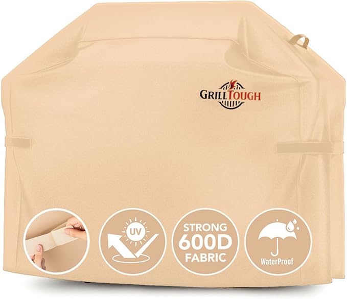 GrillTough Heavy Duty BBQ Grill Cover for Outdoor Grill, 60 Inch â Waterproof, Weather Resistant, UV & Fade Resistant with Adjustable Straps â Gas Grill Cover for Weber, Genesis, Charbroil, etc. Tan