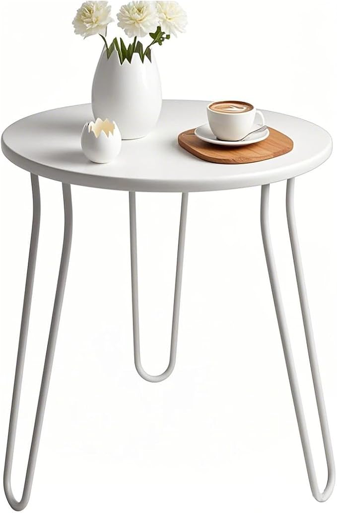 Small Patio Side Table, Weather Resistant Anti-Rust Outdoor Metal Patio Round End Table, Outdoor End Table for Garden, Porch, Balcony, Yard, (White)