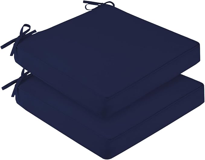 downluxe Waterproof Outdoor Chair Cushions Set of 2, 19" x 19" x 3" Patio Chair Cushion with Non-Slip Ties & Handle, Square Outdoor Cushion for Patio Furniture with Removable Cover, Navy