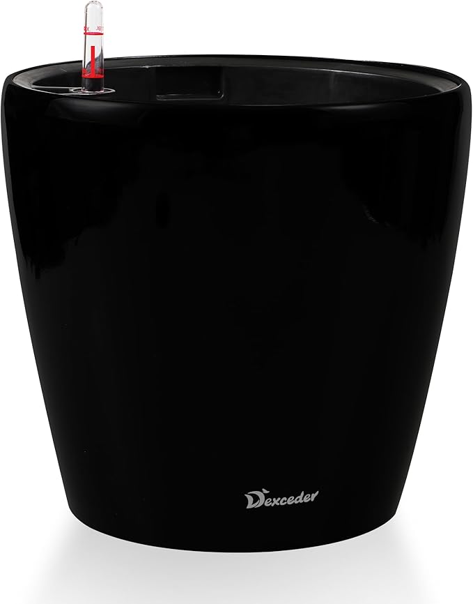 Dexceder 13x12 Self Watering Planter with Wheels Indoor Outdoor, Inner Pot Design, Thickened Large Floor Standing Flower Plant Pot with Water Level Indicator (Black Matte)