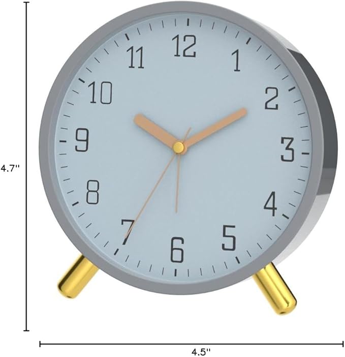 SHISEDECO Alarm Clock with Backlight, 4.5 inches Bedside Analog Non-Ticking Silent Small Deskclock with Arabic Numerals, Battery Operated Round Tableclock for Living Room, Bedroom (Grey Clock)