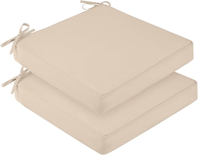 downluxe Waterproof Outdoor Chair Cushions Set of 2, 19" x 19" x 3" Patio Chair Cushion with Non-Slip Ties & Handle, Square Outdoor Cushion for Patio Furniture with Removable Cover, Beige