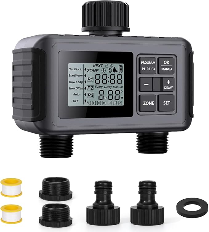 Uzoli SGW07 Sprinkler Timer, Water Timer for Garden Hose, Programmable Hose Timer 2 Outlet with Rain Delay, Manual, Auto System Controller, IP55 Waterproof Drip Irrigation Timer for Yard, Lawn, Pool