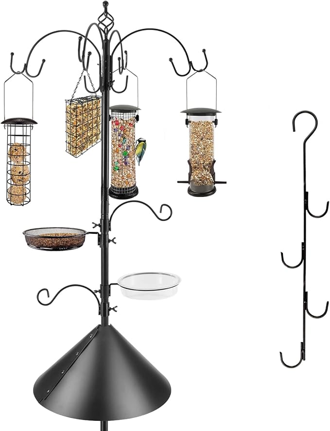 Bird Feeding Station Kit with Squirrel Baffle Bird Feeder Pole with Suet Cage Mesh Tray Fruit Hook Double W Hook for Attracting Wild Birds and Hanging Planter Hanger Lights