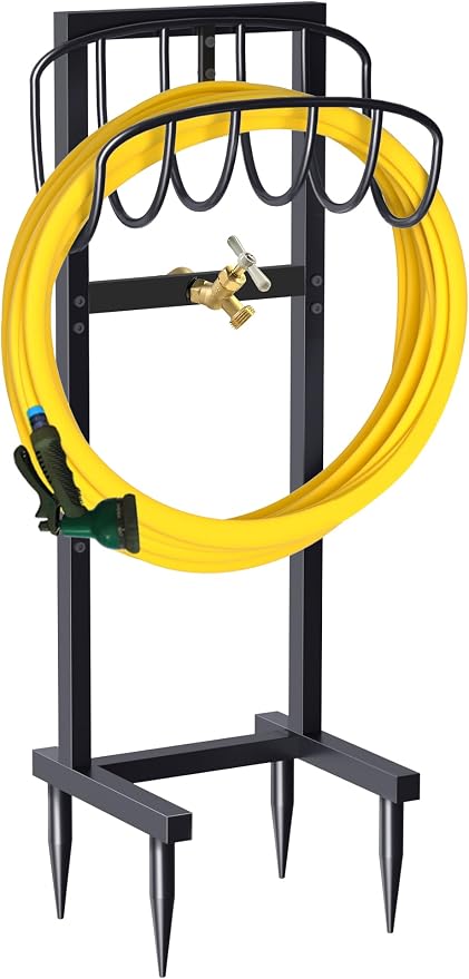 Artigarden Outdoor Garden Hose Holder Freestanding with Brass Faucet And 4 Spikes, Heavy Duty Metal Water Hose Reel Stand Hanger Rack Organizer Holds Storage 150ft Hose for Outside Yard Lawn, Black