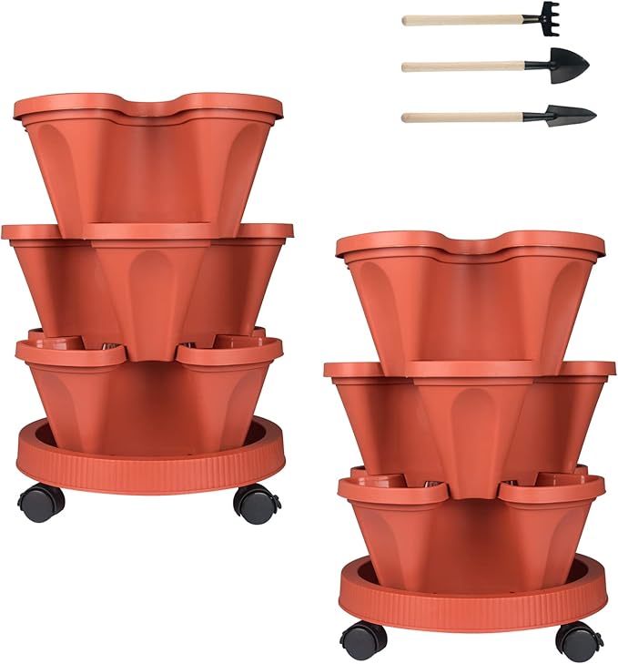 Vertical Planter 3 Tier Stackable Planters Garden Planters Strawberry Herb Flower and Vegetable Planter Indoor Outdoor Gardening Pots with Removable Wheels and Tools 2-Pack