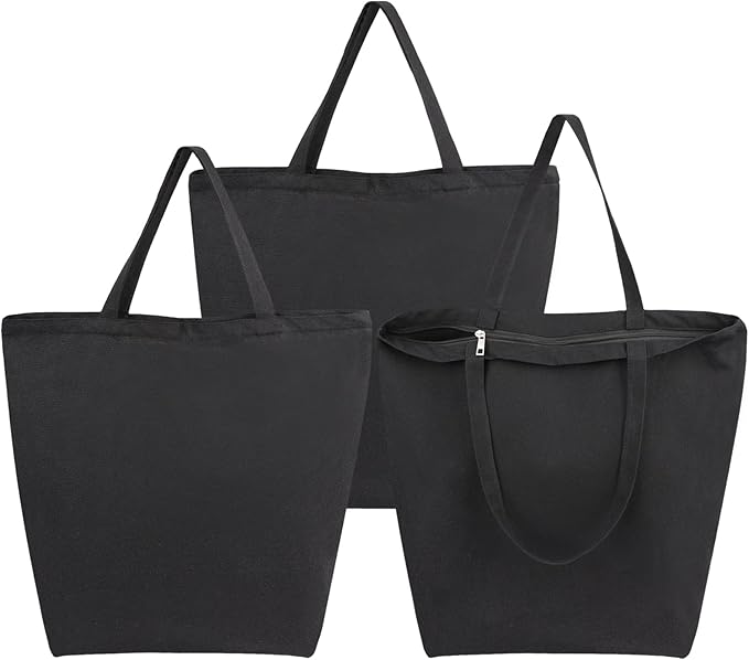 Segarty Canvas Tote, 3 Pack 20x15.7 Black Canvas Shopping Bags for Women, Reusable Natural Cotton Bag Aesthetic with Shoulder Strap, Bulk for DIY, Grocery Shopping, Beach, Travelï¼Gift