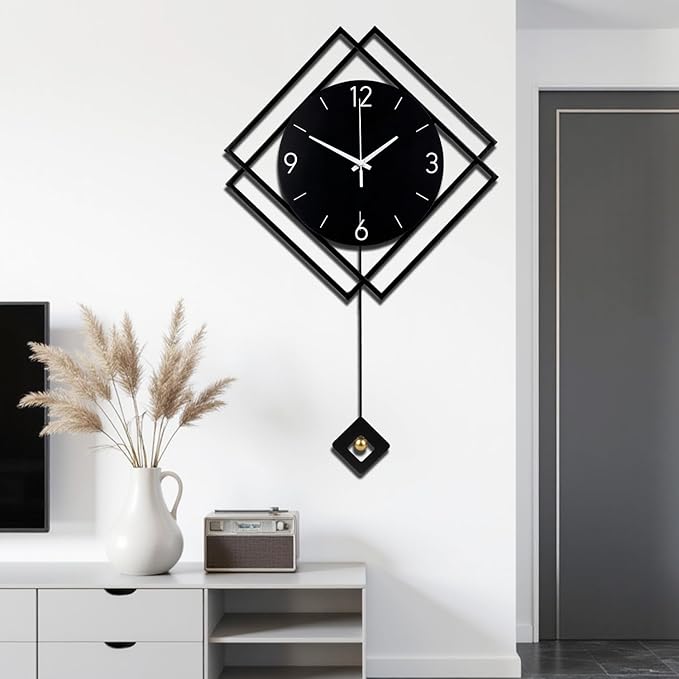 Wall Clock with Pendulum, Silent Quality Quartz Battery Operated, Modern Large