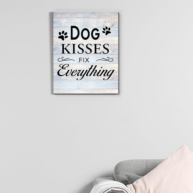 Funny Farmhouse Dog Canvas Wall Art Decor Dog Kisses Fix Everything Rustic Sign