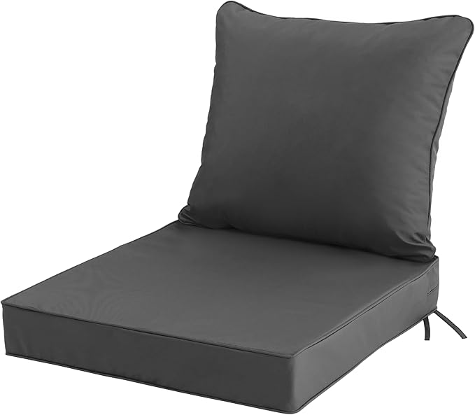 24x24 Inch Outdoor Chair Cushion with Removable Cover, Patio Furniture Cushion - Water-Repellent, Fade-Resistant, Non-Slip Bottom & Straps, Replacement for Deep Seat Sofa & Couch - Dark Grey