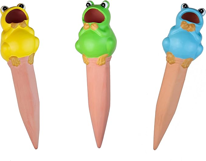 Terracotta Plant Self Watering Spikes - Set of 3 Terracotta Self Watering Bulbs, Self Watering Stakes, Self Watering Globes for Pot Plants (Frogs Painted, Small)
