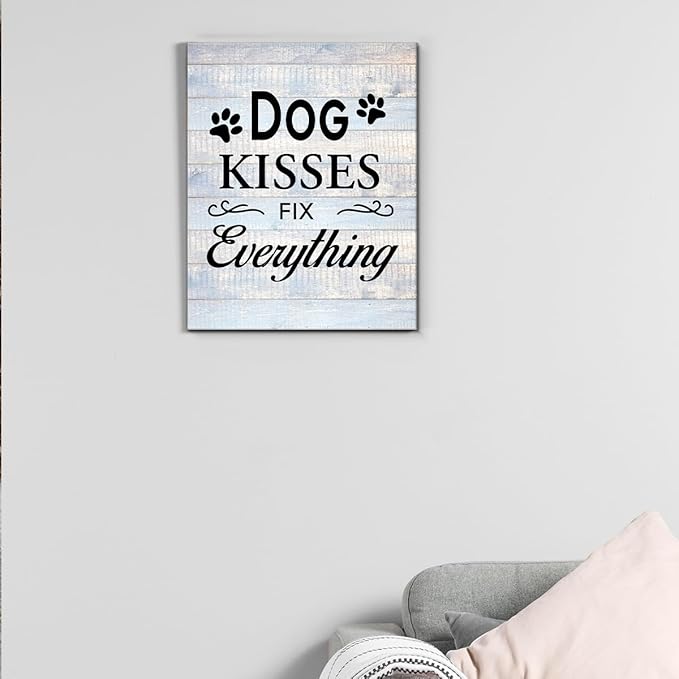 Funny Farmhouse Dog Canvas Wall Art Decor Dog Kisses Fix Everything Rustic Sign