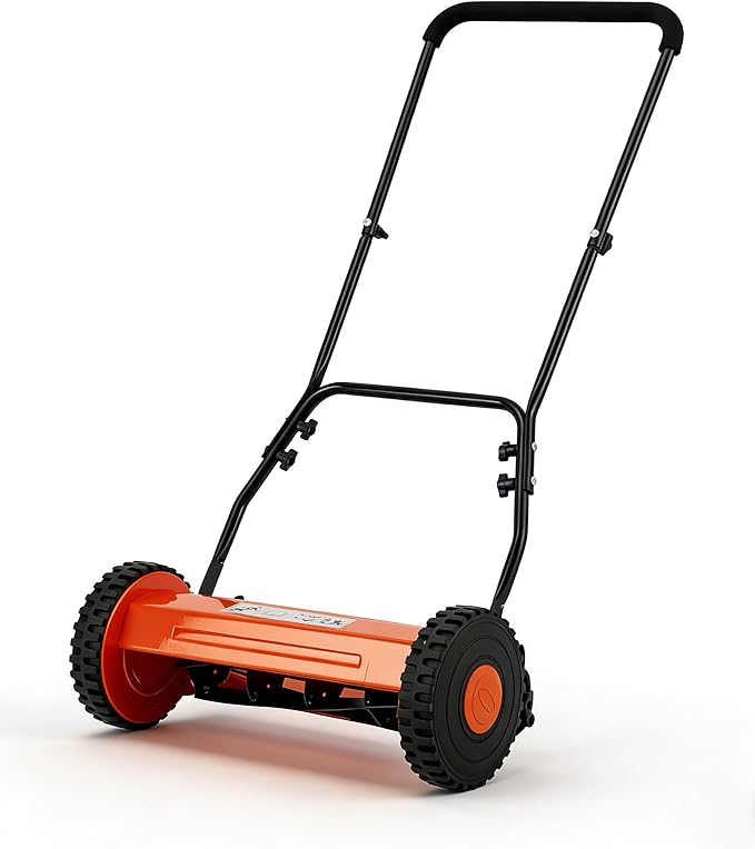 Garvee 16" Push Reel Lawn Mower, 5-Blade Manual Walk-Behind Lawn Mower with Adjustable Cutting Height, Compact Push Mower for Small Yards, Orange