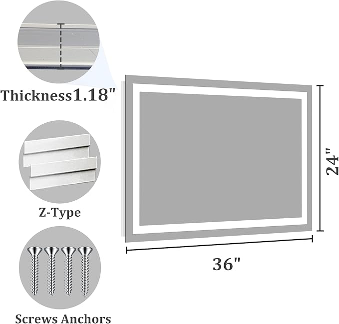 Koonmi 36"x24" LED Mirror for Bathroom, 90CRI Anti-Fog Vanity Mirror