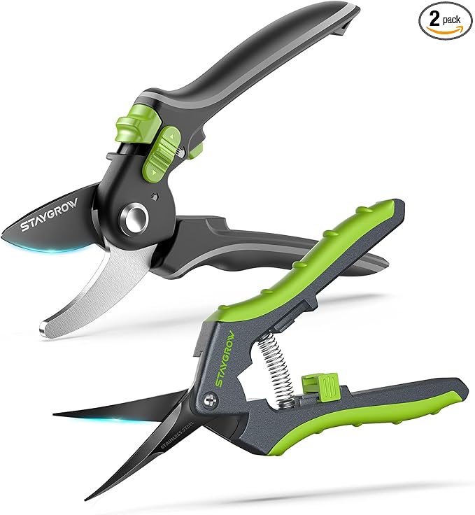 Pruning Shears for Gardening 2 Pack, 8.5" Bypass Garden Clippers and 6.5" Curved Gardening Shears, Pruners with Super Sharp Stainless Steel Blades, Safety Lock, Gardening Gifts for Men Women