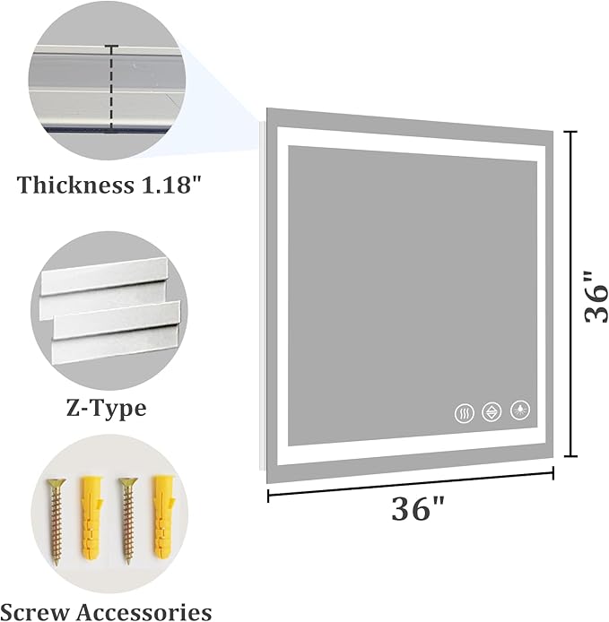 Koonmi 36"x36" LED Mirror for Bathroom, 90CRI Anti-Fog Vanity Mirror