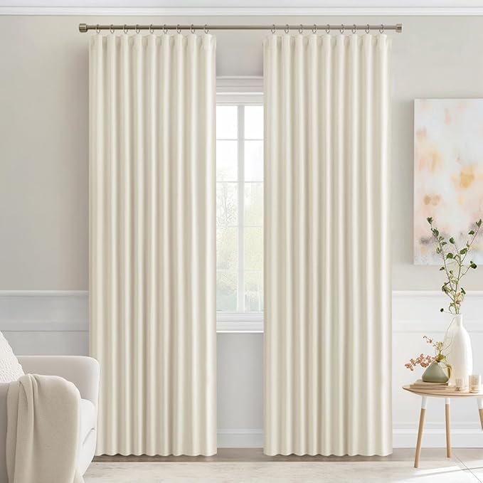 MIULEE Beige White Back Tab Blackout Curtains 90 Inches Long 2 Panels Set