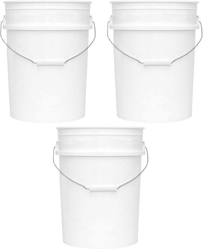 MKS Plastics 5-Gallon Bucket Only â No Lid Included, Made in USA, Food Grade BPA Free Plastic, Heavy Duty Multi-Use, Metal Handle with Grip, Stackable Storage â White, 3 Pack