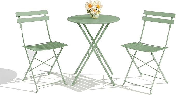 3-Piece Folding Bistro Set, Outdoor Patio Furniture Set with 2 Chairs & 1 Table, Space-Saving Foldable Balcony Garden Set with Heavy-Duty Powder-Coated Steel Frame, No Assembly Required, Green