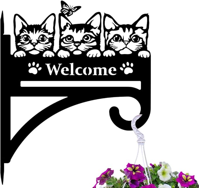peacoblue Iron Plant Hangers Hooks Cat with Welcome for Outdoor Indoor Hanging Plants Flower Fern Pots Lantern Bird Feeder, 12"x15" Weather Resistant Metal Wall Holder for Porch Garden Farmhouse