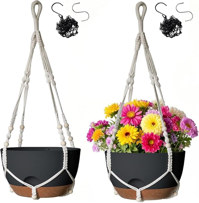 12 Inch Hanging Baskets for Plants Outdoor, Hanging Planters for Indoor Outdoor Plants, Hanging Planter with Self Watering, Hanging Flower Pots (Black Planter with Macrame + Iron Hangers)