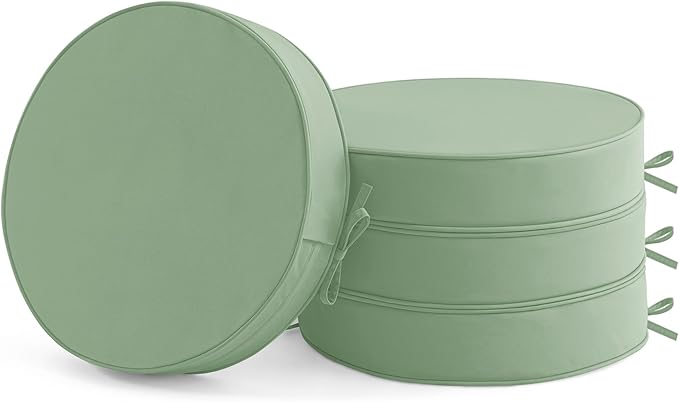 Summsun Outdoor Bistro Chair Cushions Set of 4, 15" D x 3" H Round Chair Cushions Waterproof and Fade Resistant Chair Cushion Pads with Non-Slip Ties and Removable Covers for Garden, Sage Green