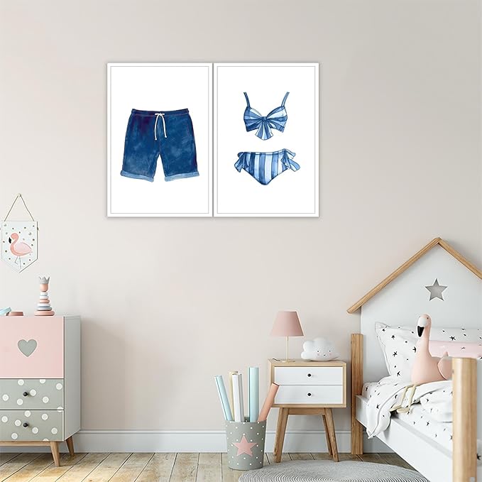 Liyark Set of 2 Retro Navy Blue And White Swimsuit Art Posters Beach Bathing