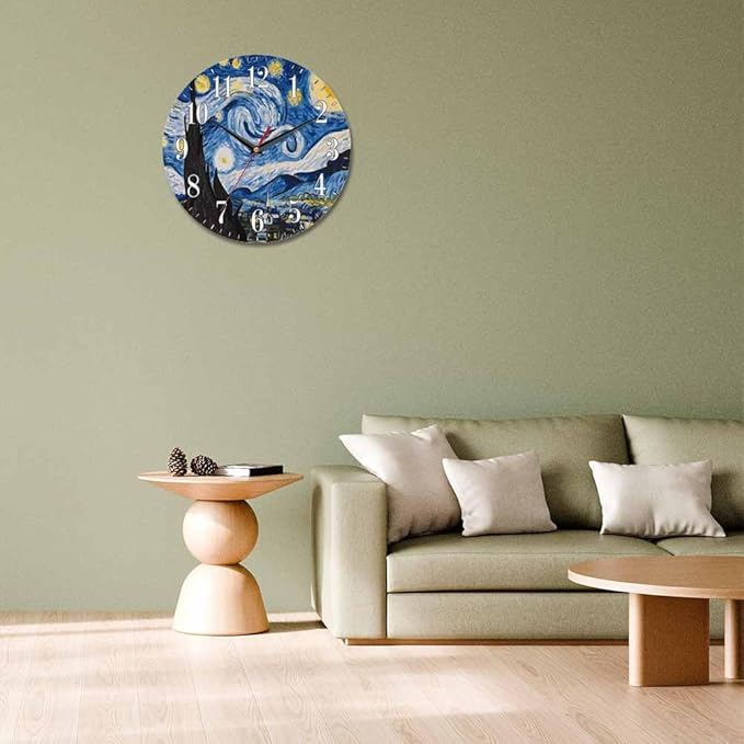 Mxocom The Starry Night Wall Clock Art Oil Painting Moon Mountain Village Van