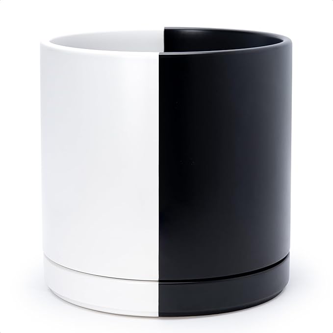 D'vine Dev 12 Inch Ceramic Planter Pot with Drainage Hole and Saucer, Indoor Cylinder Round Planter Pot, Split Monochrome Black & White, 94-O-F-0